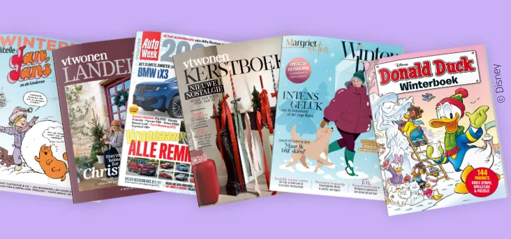 Paarse achtergrond met tijdschriften als Donald Duck en Margriet